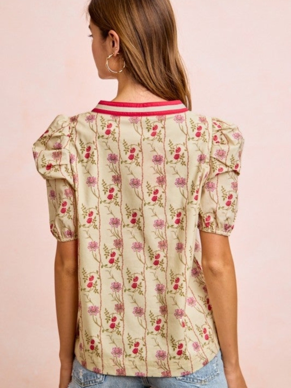 BiBi Cream Floral Puff-Sleeve V-Neck Blouse with Pink Trim - Picture 3 of 3